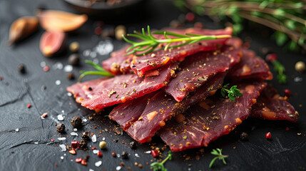 Jerky is strips of lean trimmed meat that have been cut and dehydrated to avoid spoilage, food content  - obrazy, fototapety, plakaty