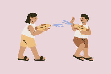 Kids Playing with Water Guns Vector Illustration