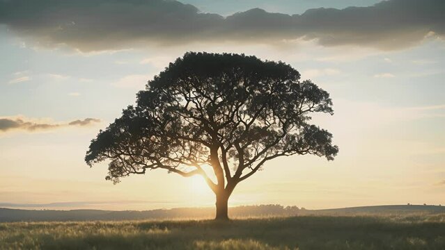 The sharp silhouette of a solitary tree punctuates the soft pastel tones of a backlit dawn.