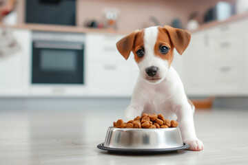 Close up puppy eating food in sunlit kitchen, concept of pet care, animal behavior with copyspace
 - obrazy, fototapety, plakaty