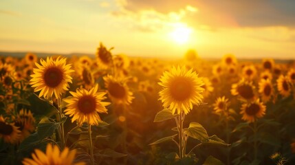 Fototapeta premium Endless field of sunflowers illuminated by the sun, harvest and agricultural business concept 