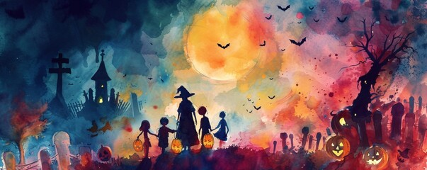 Halloween Night Sky A Family Walking in the Moonlight Generative AI