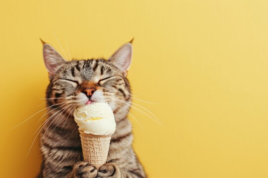 Gray cat happily tries ice cream on a yellow background, with copyspace for text
