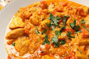 Delicious chicken curry with parsley in plate, closeup