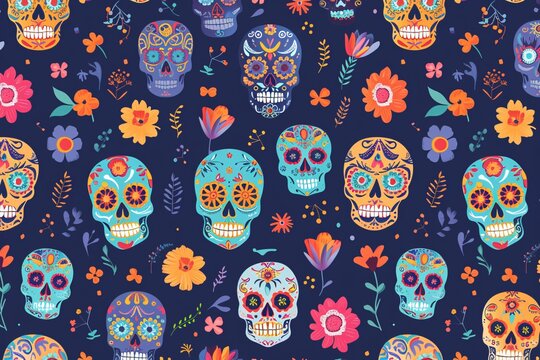 Skeleton Skulls with Flower Power A Vibrant and Festive Tribute to the Day of the Dead Generative AI
