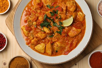Delicious chicken curry and spices on wooden table, flat lay