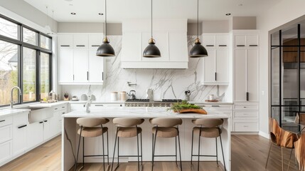 Contemporary kitchen with sleek white cabinets and marble wall tiles. Generative ai, 