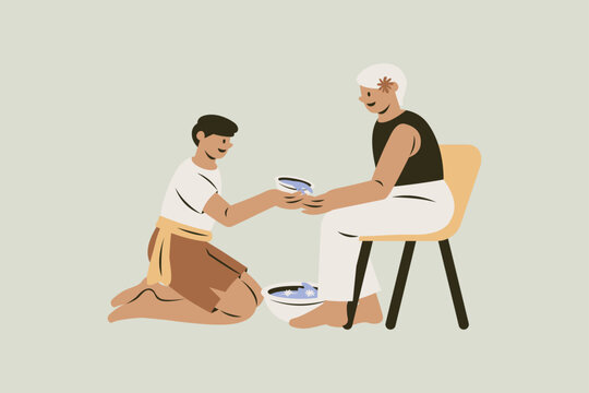 Offspring Pouring Water on Hands of Elderly Vector Illustration