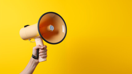 A woman's hand holds a yellow megaphone on a yellow background which is symbol of advertising, PR and promotion, Alert, announcement, warning and advertising concept, Copy space, Generative AI