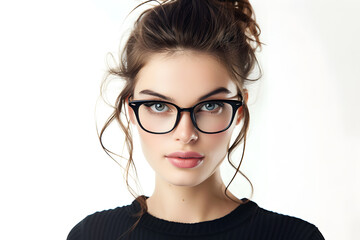 Fototapeta premium Closeup portrait of beautiful woman wearing eyeglass isolated on white background 