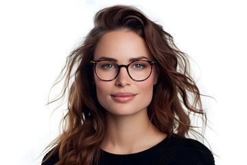 Obraz premium Closeup portrait of beautiful woman wearing eyeglass isolated on white background 