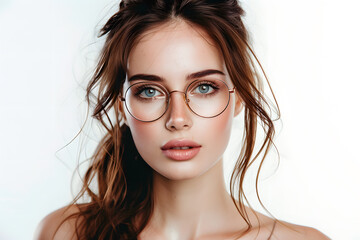 Fototapeta premium Closeup portrait of beautiful woman wearing eyeglass isolated on white background 