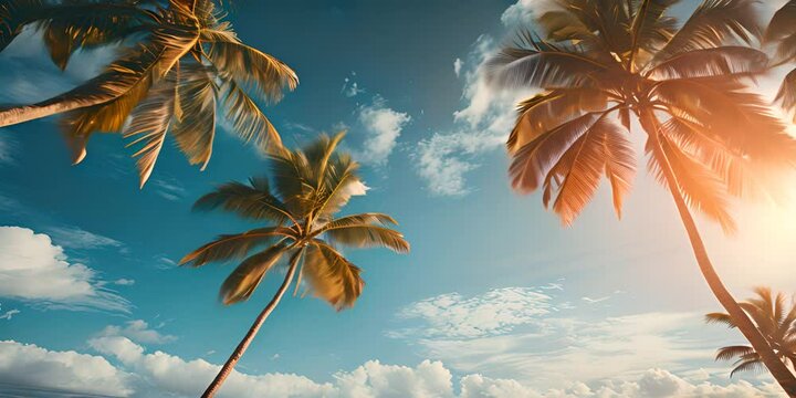Blue sky and palm trees view from below, vintage style, tropical beach and summer background, travel concept 4K motion