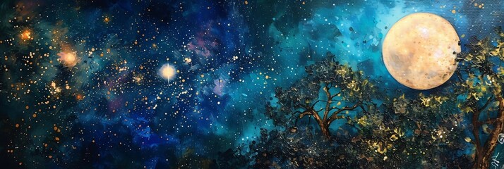 A Starry Night in the Woods A Painting of the Night Sky and Trees Generative AI