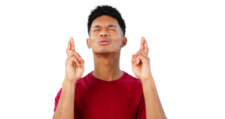 Man, fingers crossed and hope with praying for good luck, hand gesture or faith for results on png transparent background. Emoji, anxiety or nervous, giveaway or bonus with isolated and superstition