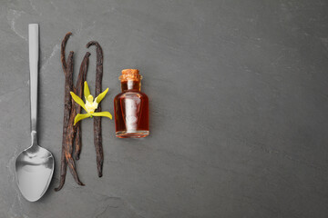 Aromatic vanilla extract, pods and flower on black table, flat lay. Space for text