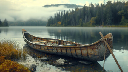 Canoe on the lake.  - obrazy, fototapety, plakaty