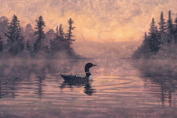 Loon in the calm waters of a lake at twilight, calling out