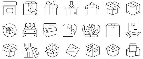 Delivery boxes and package, thin line icon set. Symbol collection in transparent background.