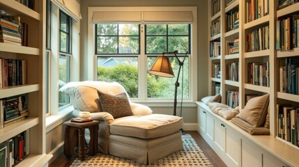 Cozy reading corner with a plush chair and a big Lamp. Generative ai,  - obrazy, fototapety, plakaty