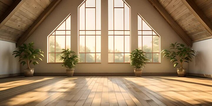 Front view of sunny empty loft interior room with wooden floor 4K motion