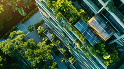 office roof covered with solar panels and green plants top view, green energy, green tech, environment sustainability concept, eco friendly building, rooftop garden