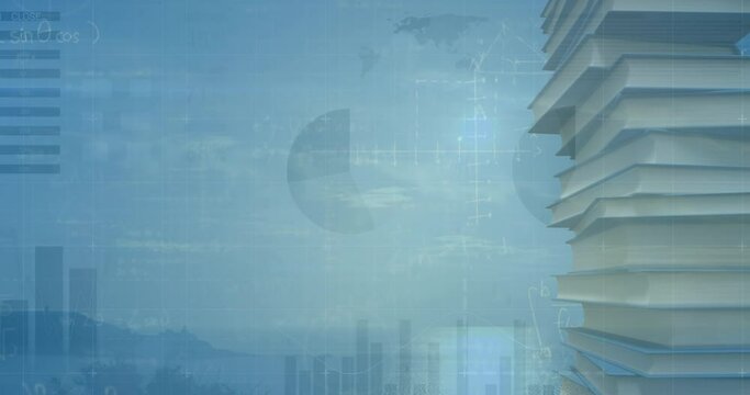 Animation of financial data processing over books and landscape