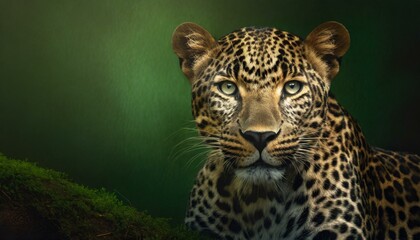Obraz premium Leopard portrait in deep green background