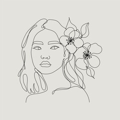 One Line Asian Girl with Flowers