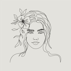 One Line Girl with Flowers