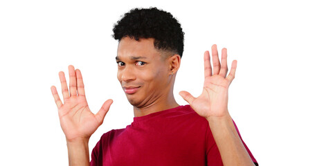 Surprise, rejection and portrait of man with hands in gesture for news or protest on transparent or...