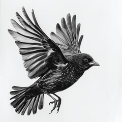 Pencil Sketch Close-up Study of a Blackbird in Flight