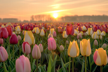 The Sunrise Scenery in a Tulip Field. Magical and Beautiful Spring Landscape with the Tulip Field Illuminated by the Morning Sun.