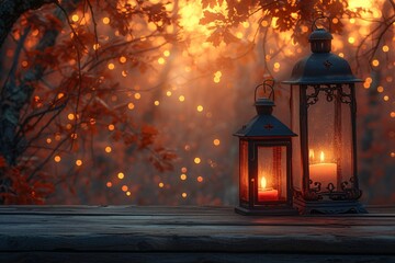 Fall's Enchanting Embers A Luminous Lamp and Candle Set Generative AI