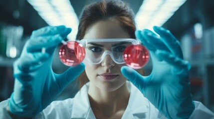 A young attractive female scientist in protective glasses holding a new red medical drug with gloved fingers in a pharmaceutical research laboratory. Medicine, Science, Healthcare concepts. - obrazy, fototapety, plakaty