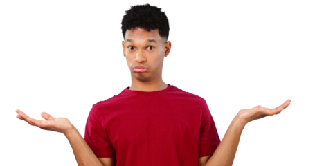 Shrug, doubt and man for portrait, transparent and isolated background on png. Male model, decision and choice for question, confused and dilemma on fashion or curly hair style with red sweater