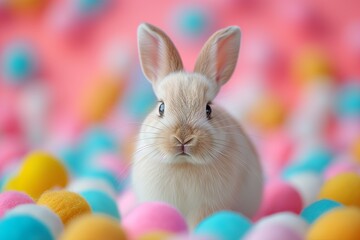 Cute rabbit and colorful easter eggs toys. Cute bunny sitting in Colorful balls. Easter day. Shallow depth of field. Concept and idea of happy easter day. - Powered by Adobe