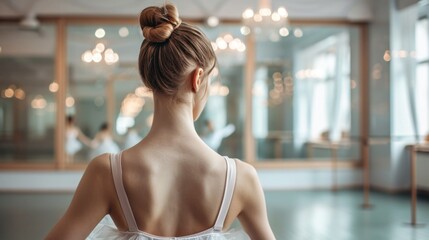 Ballerina practicing in a dance studio, facing away, mirror reflecting the dance room, soft and elegant lighting, capturing the art of ballet