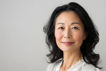 Fototapeta premium Close up portrait of beautiful mature asian woman isolated on white or light background