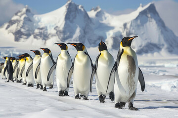 A charming scene of penguins marching in unison across the snowy terrain