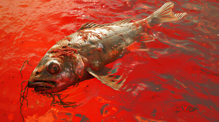 Dead fish in red bloody waters seven plagues of Revelation book death of marine life Generative AI Illustration