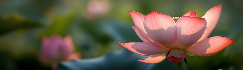 Lotus flower with rosy petals glows against a defocused green background, showcasing its delicate texture, backlit by warm sunlight