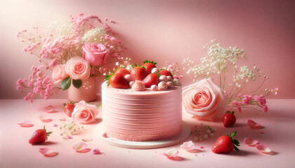 Obraz na płótnie Canvas Candles with pink cake. wedding, birthday celebration rose flower. generated by AI.