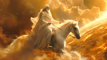 Ancient of days sitting on a white horse towards planet earth Victory over the forces of evil Generative AI Illustration