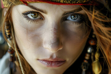 Close-up of a captivating young female pirate's face, exuding allure and mystery