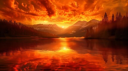 Beautiful sunset in an environment with a lake in the middle of nature and clouds in the sky Generative AI Illustration - obrazy, fototapety, plakaty