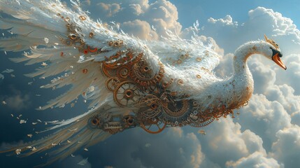 Flying Machine A Steampunk Angel with Gears and Clouds Generative AI - obrazy, fototapety, plakaty