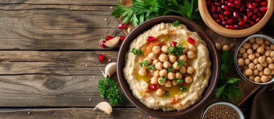 a bowl of hummus with chickpeas and pomegranate seeds on a wooden table . High quality
