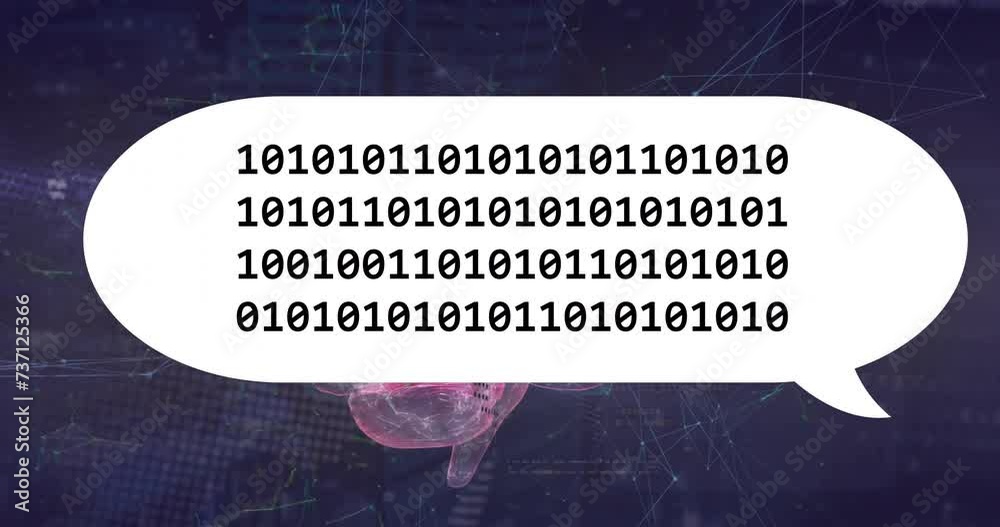 Poster animation of human brain, binary coidng data processing over speech bubble