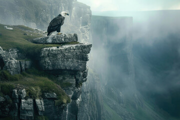 A stunning sea eagle perched majestically atop a cliff, surveying its domain with watchful eyes